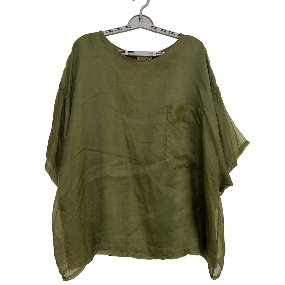 Report Silk Top Womens L Olive Green Sheer Boxy Oversized Minimalist Lagenlook